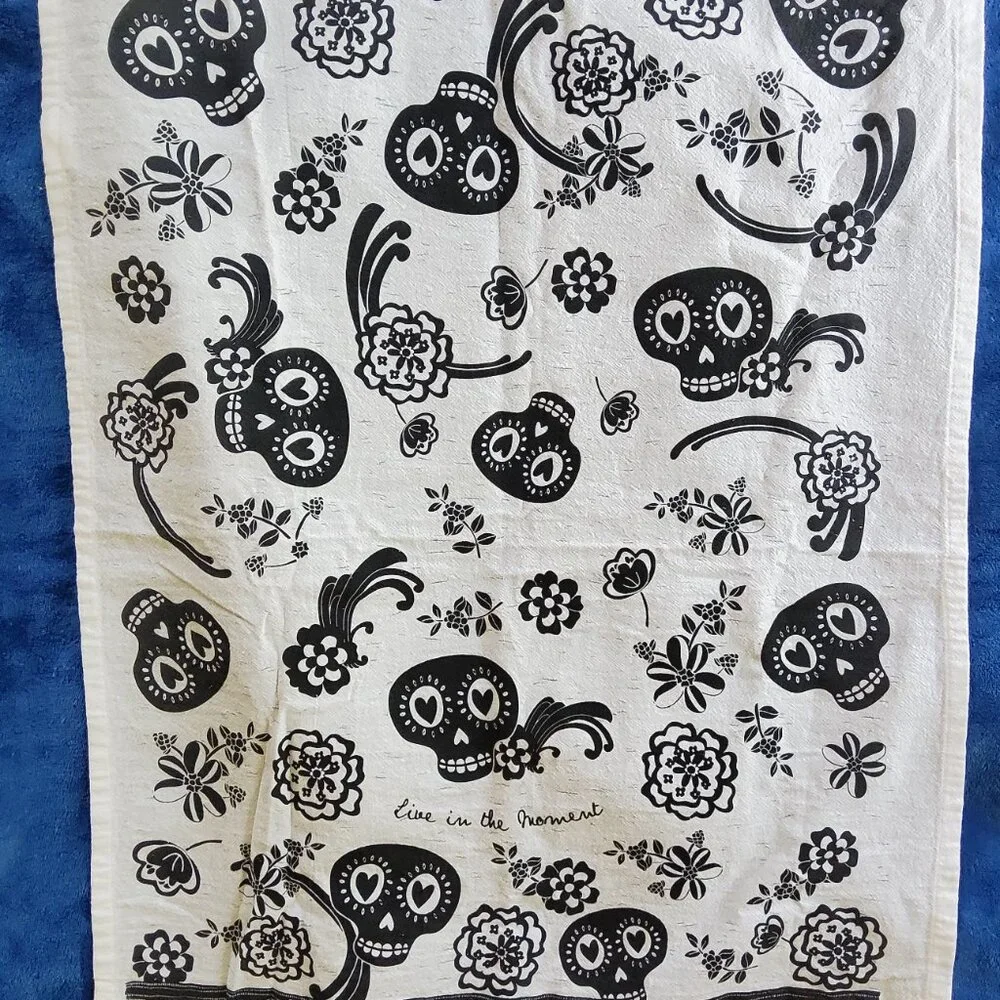 Boho Sugar Skull Tea Towel Set, Black & White Cotton Kitchen Hand Towel Home Dec